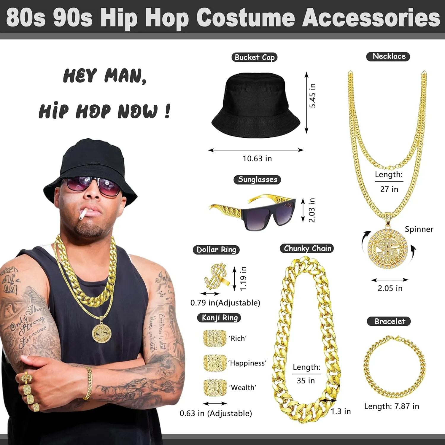 12PCS 80s 90s Accessories Outfit for Men Women Hip Hop Rapper Costume Kit Old School Rapper Sunglasses Faux Gold Rope Chain Bracelet Dollar Sign Ring Earrings Bandana Cosplay Jewelry