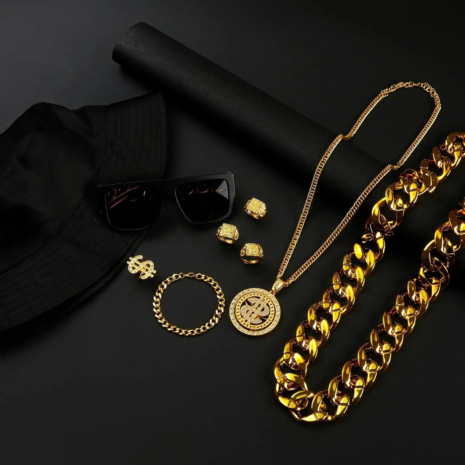 12PCS 80s 90s Accessories Outfit for Men Women Hip Hop Rapper Costume Kit Old School Rapper Sunglasses Faux Gold Rope Chain Bracelet Dollar Sign Ring Earrings Bandana Cosplay Jewelry