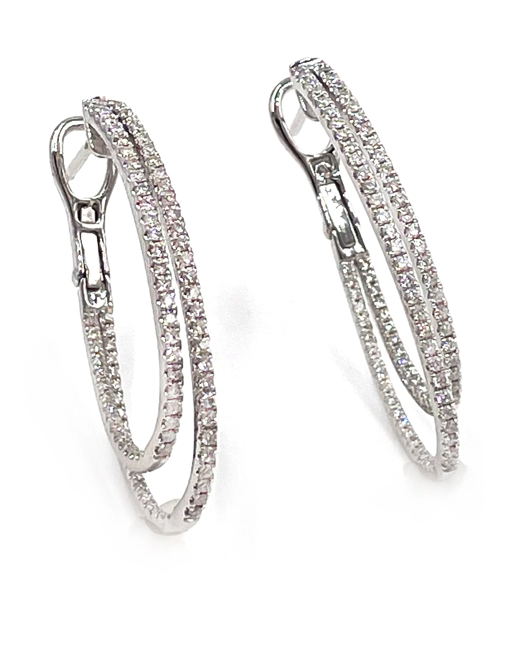 14K White Gold Double Hoop Diamond Earrings