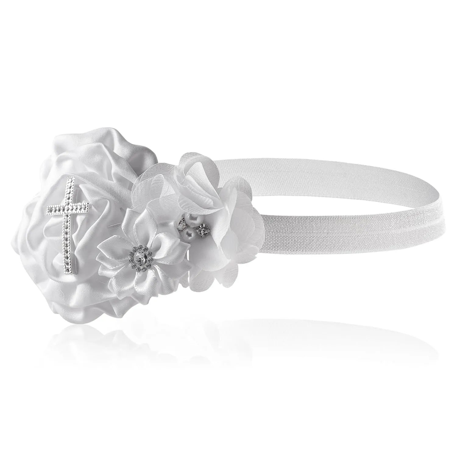 2 Pcs Baby Girls Baptism Christening Headbands Newborn Infant Toddlers Flower Crown Lace Bow Hairband (Cross Rhinestone)