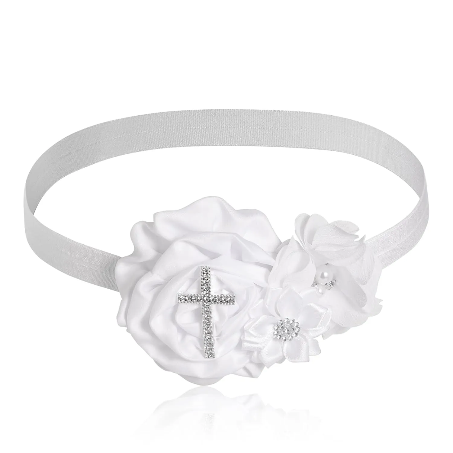 2 Pcs Baby Girls Baptism Christening Headbands Newborn Infant Toddlers Flower Crown Lace Bow Hairband (Cross Rhinestone)