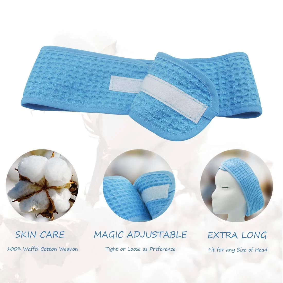 (3 Pack) Adjustable Terry Waffle Sweat-Absorbent Spa Headbands with Magic Tape for Makeup, Washing, Shower, Yoga, and Sports (Blue)