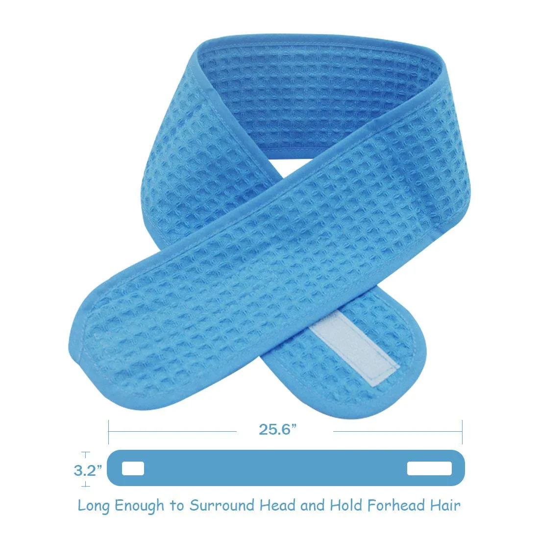 (3 Pack) Adjustable Terry Waffle Sweat-Absorbent Spa Headbands with Magic Tape for Makeup, Washing, Shower, Yoga, and Sports (Blue)