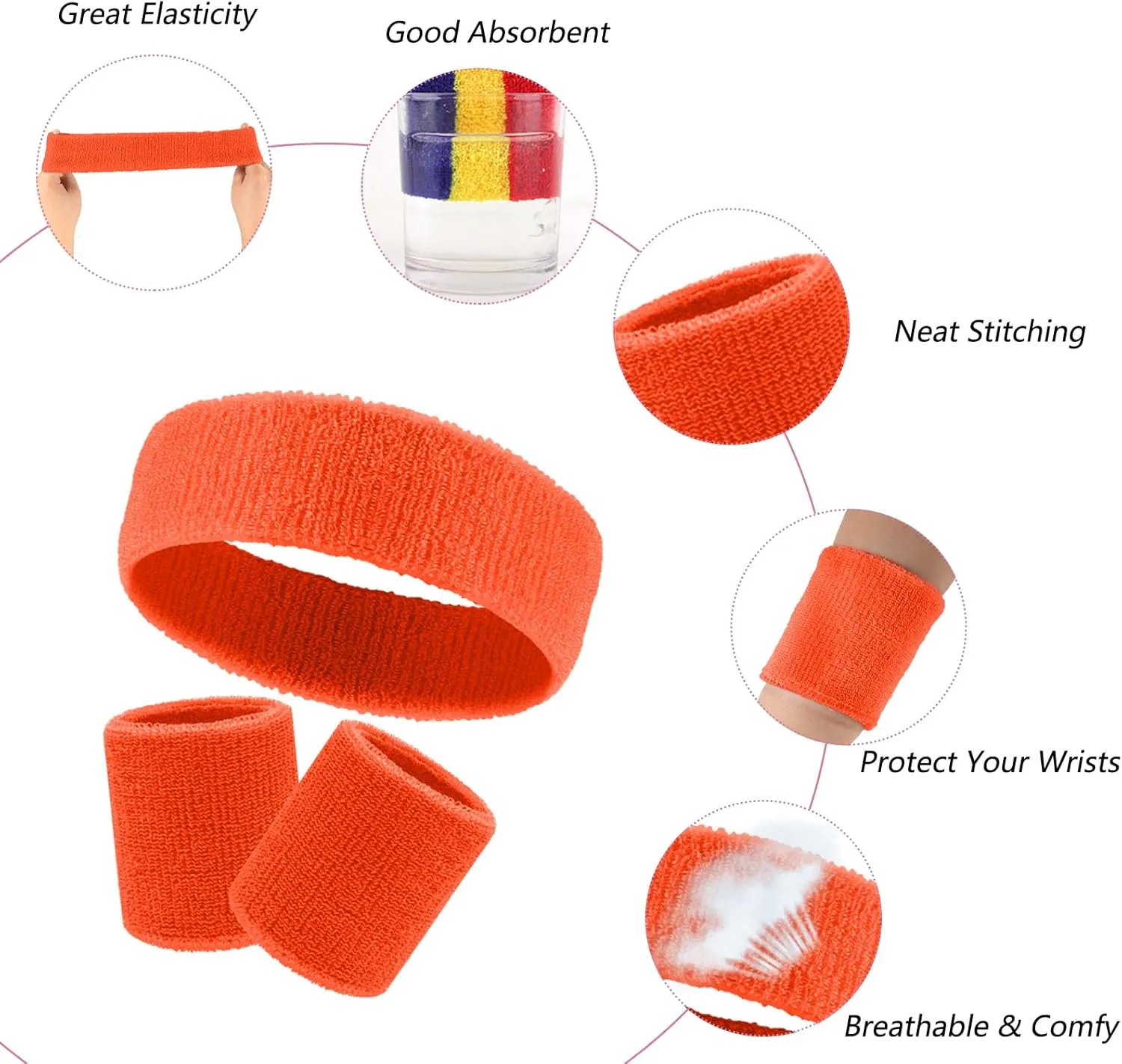 30 Pcs Sweatbands Wristbands Set Absorbent Terry Cloth Headbands Wristbands Neon Color Striped 80s Athletic Sweatbands for Sports Gym Exercise