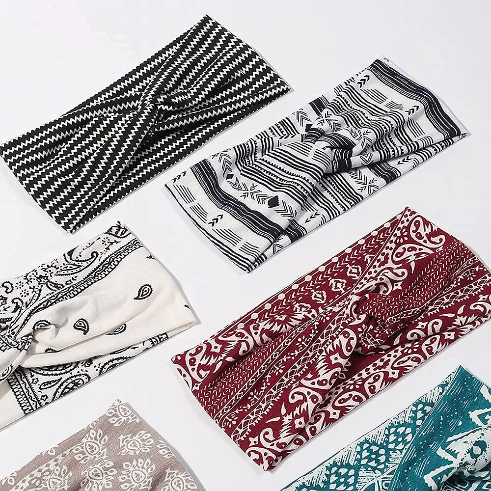 6 Pack Wide Boho Headbands for Women - Soft Yoga Elastic Hair Bands for Girls Workout Running Sport Headwrap Non-slip Breathable (Patterned)