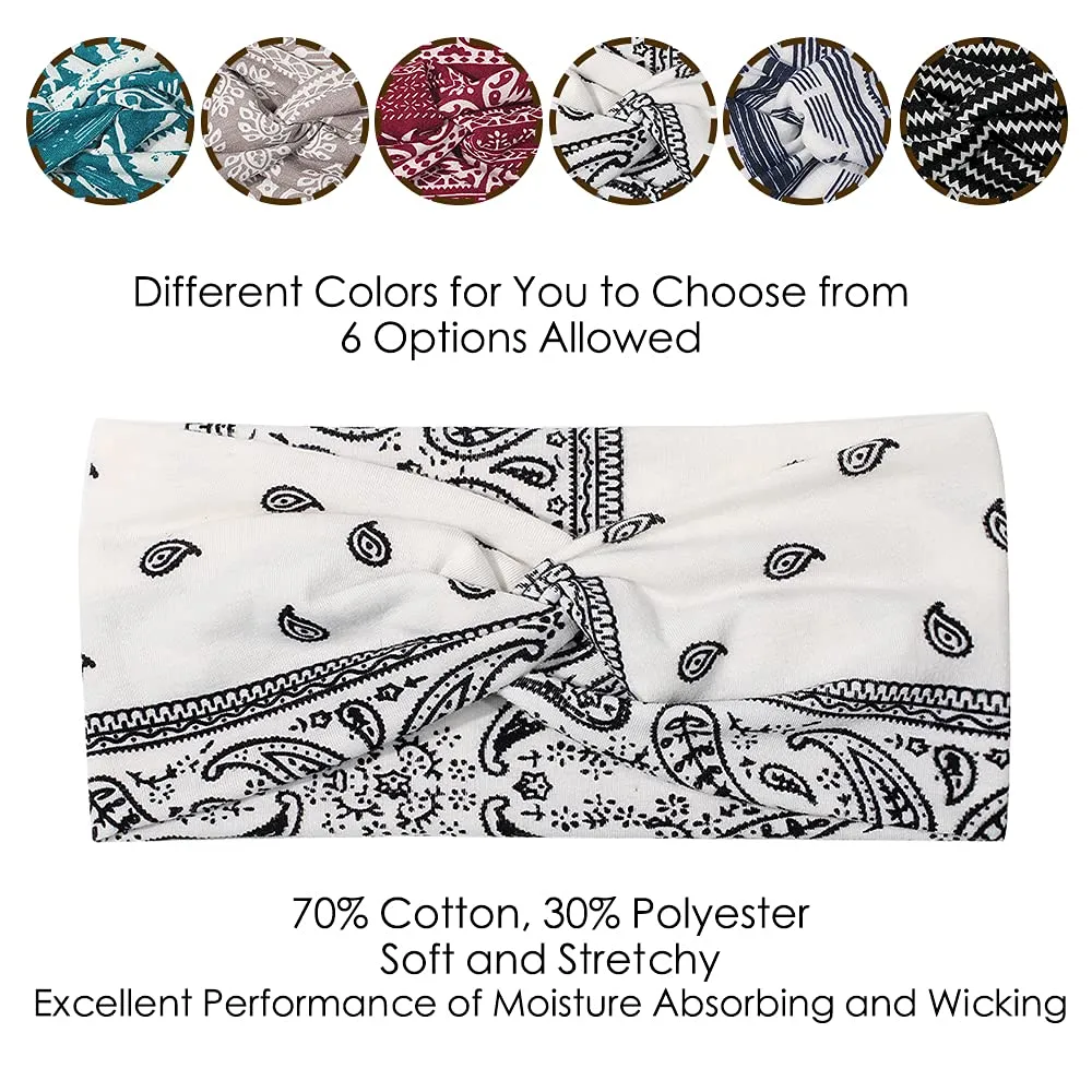 6 Pack Wide Boho Headbands for Women - Soft Yoga Elastic Hair Bands for Girls Workout Running Sport Headwrap Non-slip Breathable (Patterned)