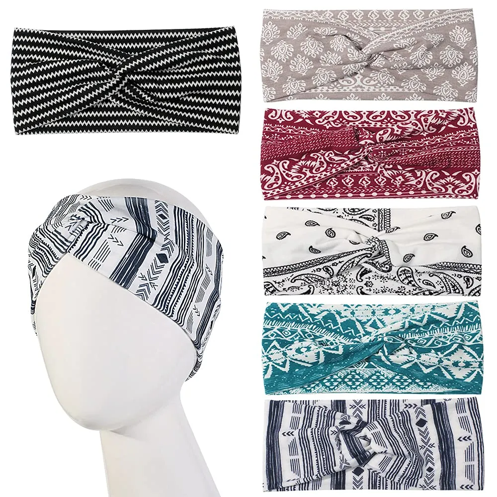 6 Pack Wide Boho Headbands for Women - Soft Yoga Elastic Hair Bands for Girls Workout Running Sport Headwrap Non-slip Breathable (Patterned)