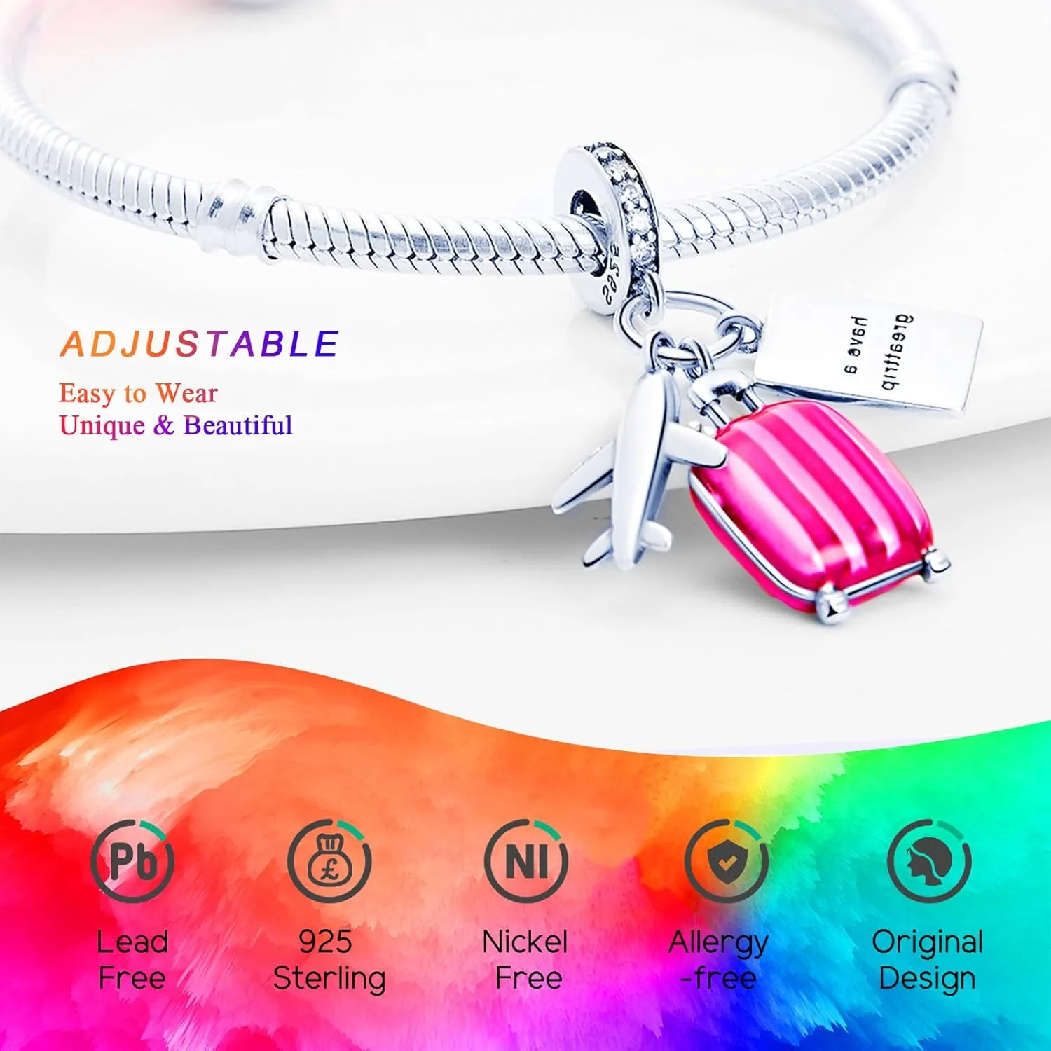 925 Sterling Silver Charms Beads for Bracelets Necklaces, Airplane Passport Sister Heart Coffee Music Book Travel Pendant, Pink Color Cute Animal Jewelry Graduation Birth Gifts for Women Men