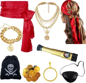 9PCS Pirate Costume Accessories for Men Women Bandana,Head Scarf,Sash,Belt, Necklace,Bracelet,Earring,Binocular,Coins