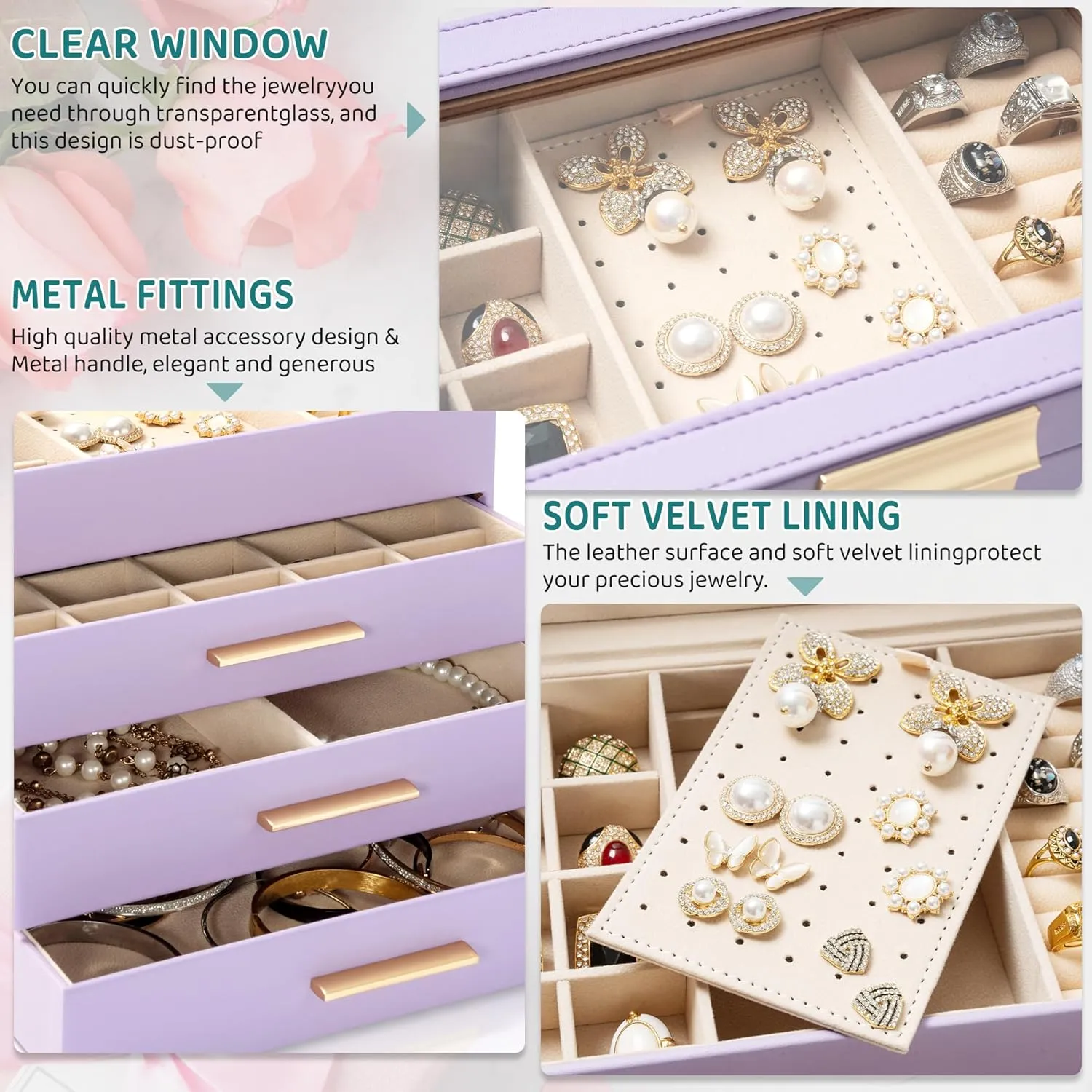 AKOZLIN 4-Tier Jewelry Box with Clear Glass Lid Functional Leather Jewelry Storage Organizer Case 3 Drawers for Women Girls Necklace Ring Bracelet Earring