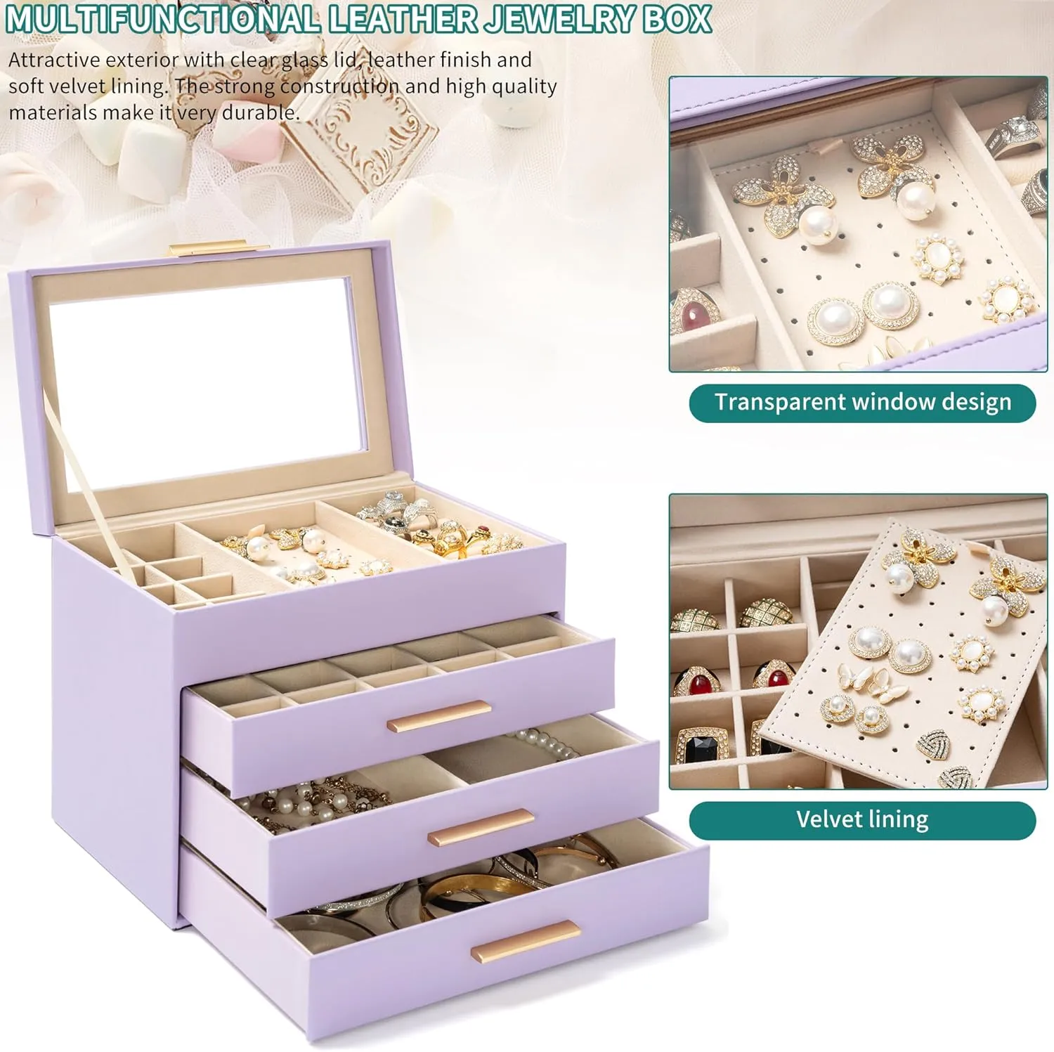 AKOZLIN 4-Tier Jewelry Box with Clear Glass Lid Functional Leather Jewelry Storage Organizer Case 3 Drawers for Women Girls Necklace Ring Bracelet Earring