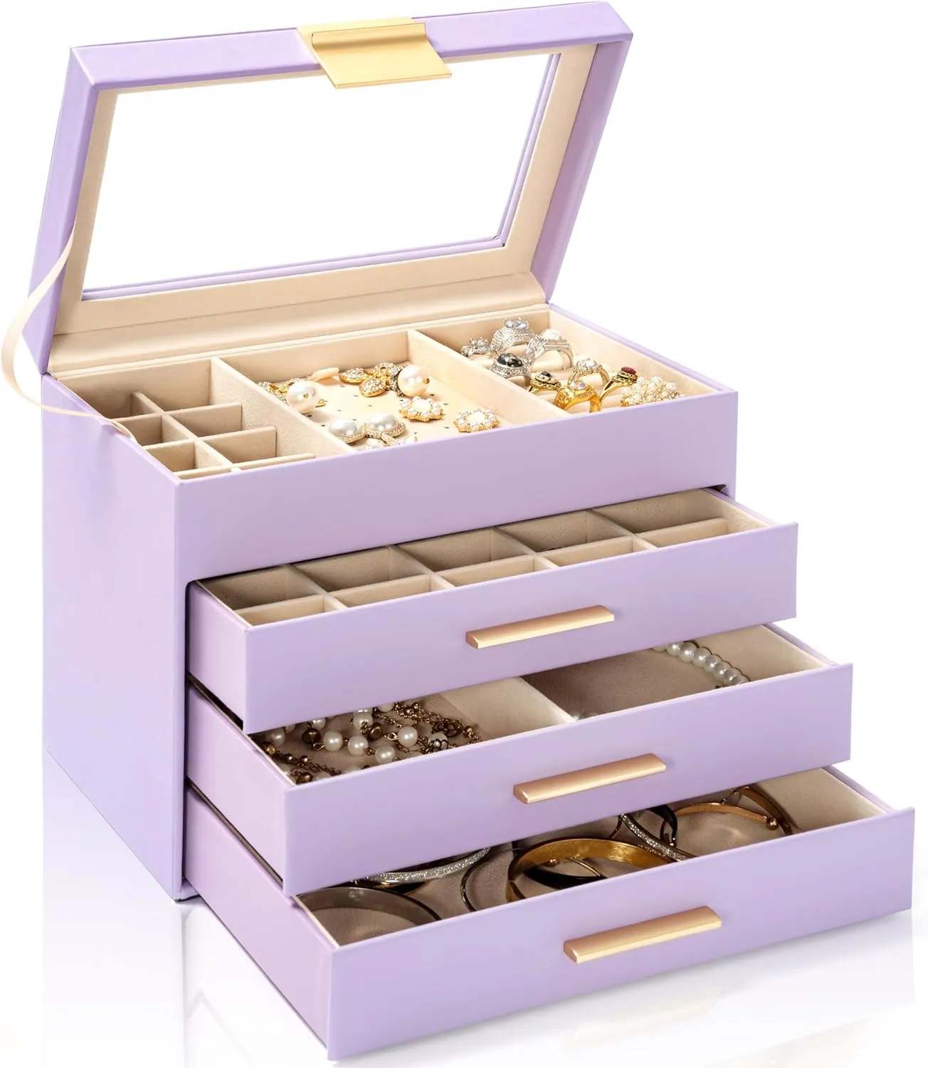 AKOZLIN 4-Tier Jewelry Box with Clear Glass Lid Functional Leather Jewelry Storage Organizer Case 3 Drawers for Women Girls Necklace Ring Bracelet Earring