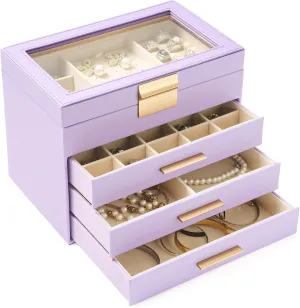 AKOZLIN 4-Tier Jewelry Box with Clear Glass Lid Functional Leather Jewelry Storage Organizer Case 3 Drawers for Women Girls Necklace Ring Bracelet Earring