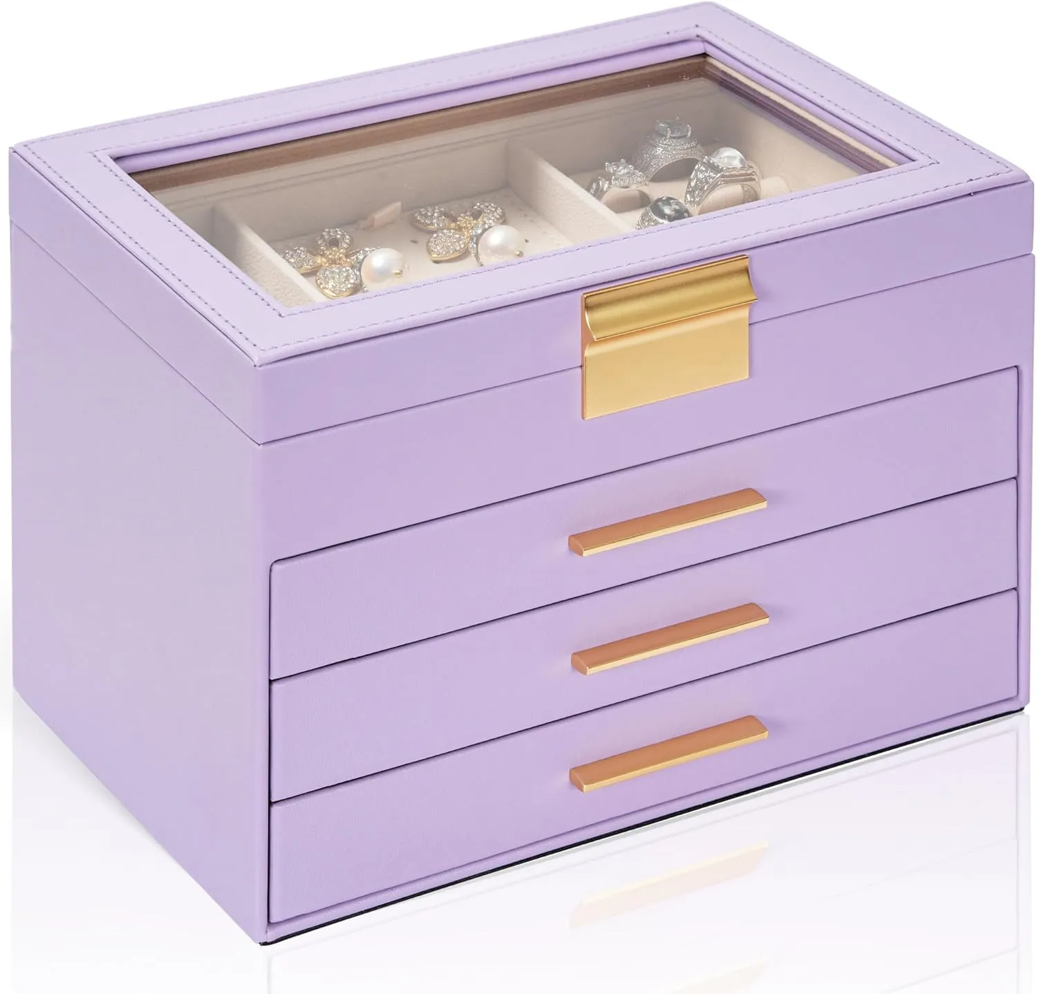 AKOZLIN 4-Tier Jewelry Box with Clear Glass Lid Functional Leather Jewelry Storage Organizer Case 3 Drawers for Women Girls Necklace Ring Bracelet Earring