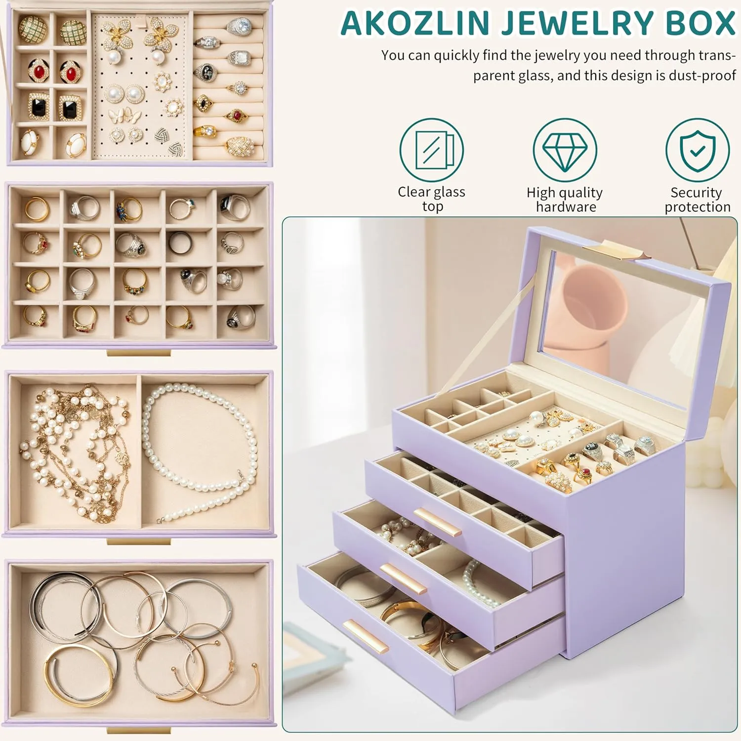 AKOZLIN 4-Tier Jewelry Box with Clear Glass Lid Functional Leather Jewelry Storage Organizer Case 3 Drawers for Women Girls Necklace Ring Bracelet Earring