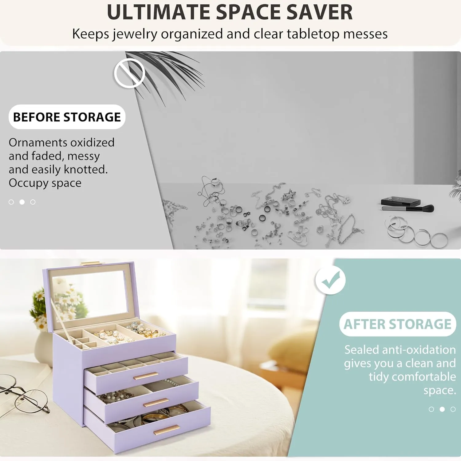 AKOZLIN 4-Tier Jewelry Box with Clear Glass Lid Functional Leather Jewelry Storage Organizer Case 3 Drawers for Women Girls Necklace Ring Bracelet Earring