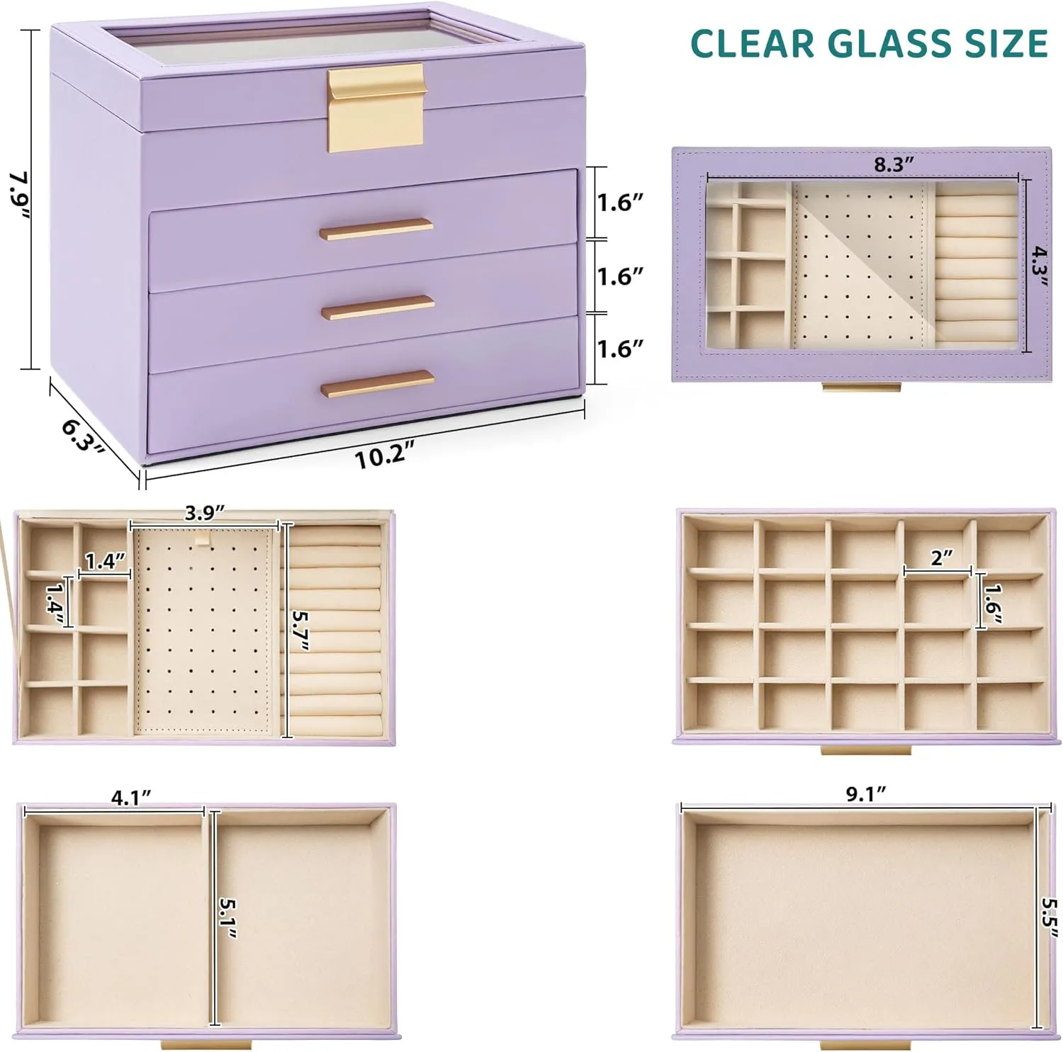 AKOZLIN 4-Tier Jewelry Box with Clear Glass Lid Functional Leather Jewelry Storage Organizer Case 3 Drawers for Women Girls Necklace Ring Bracelet Earring