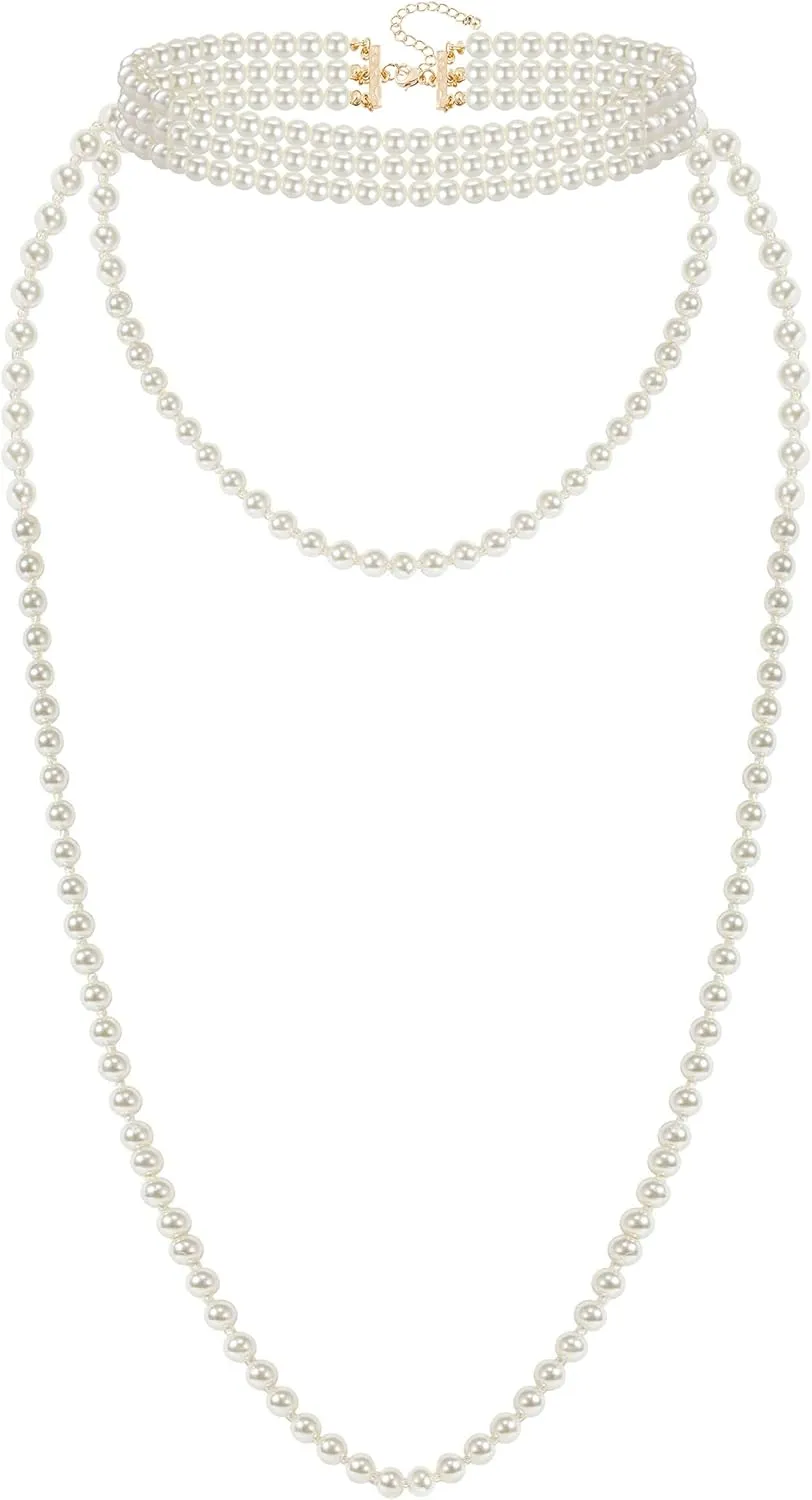 BABEYOND Long Pearl Choker Necklace - Faux Pearl Chain Necklace Pearl Jewelry Set for Women 20s Flapper Accessories