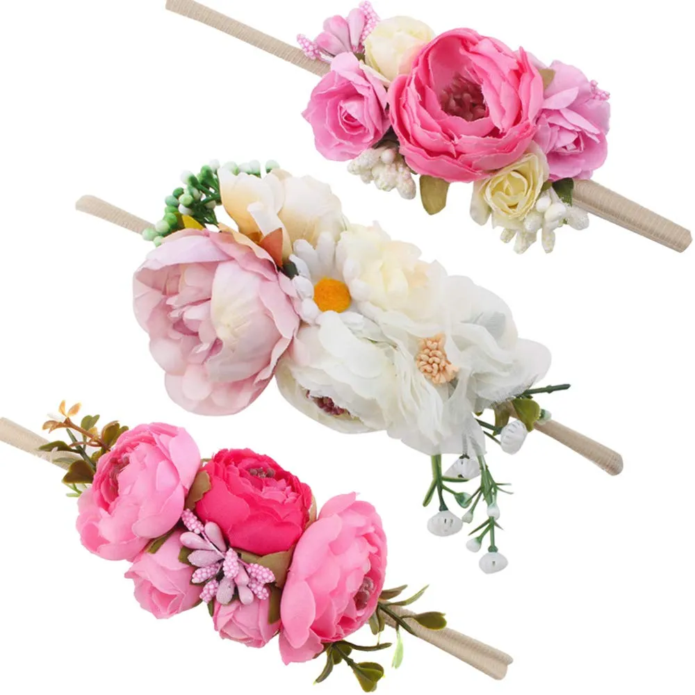 Baby Girl Floral Headbands- 3pcs Nylon Headband Handmade Flower Crown Elastic Hairband Newborn Toddler Hair Accessories Gifts for Girls 1-6 years old