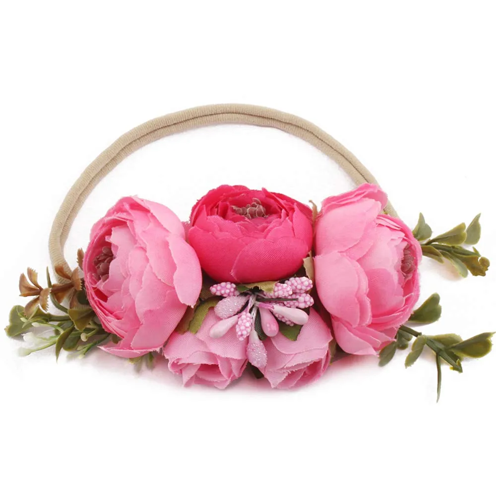 Baby Girl Floral Headbands- 3pcs Nylon Headband Handmade Flower Crown Elastic Hairband Newborn Toddler Hair Accessories Gifts for Girls 1-6 years old