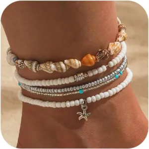 Bead Ankle Bracelets Set for Women, Adjustable Gold Boho Shell Anklet, Hawaiian Beach Seashell Pearl Disc Starfish Conch Foot Jewelry, Summer Fashion Gifts