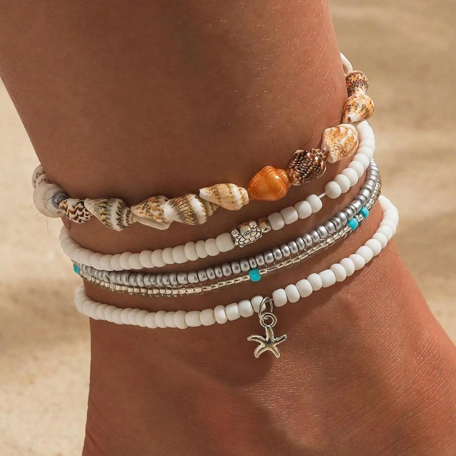Bead Ankle Bracelets Set for Women, Adjustable Gold Boho Shell Anklet, Hawaiian Beach Seashell Pearl Disc Starfish Conch Foot Jewelry, Summer Fashion Gifts