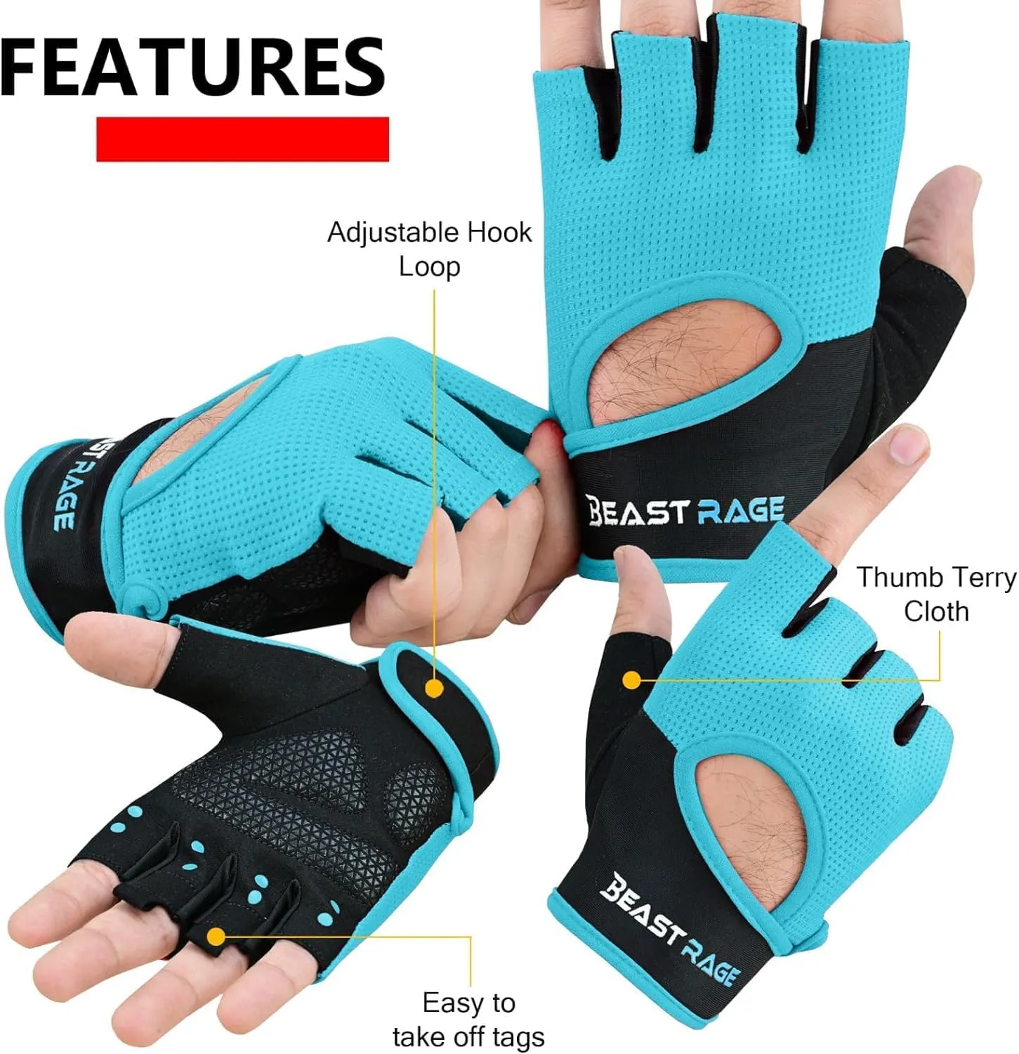 BEAST RAGE Workout Gloves for Men & Women - Fingerless Gym Gloves with Palm Protection, Breathable & Lightweight for Weightlifting, Cycling & Pull Up