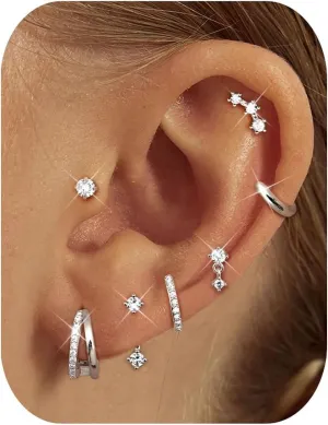 BESTEEL Small Stud Hoop Earrings for Women - 7 Pairs Hypoallergenic 14K Gold Plated Huggie Earring Sets for Multiple Piercing Dainty Earring Stacks Cute Silver Cartilage Jewelry Trendy Gifts