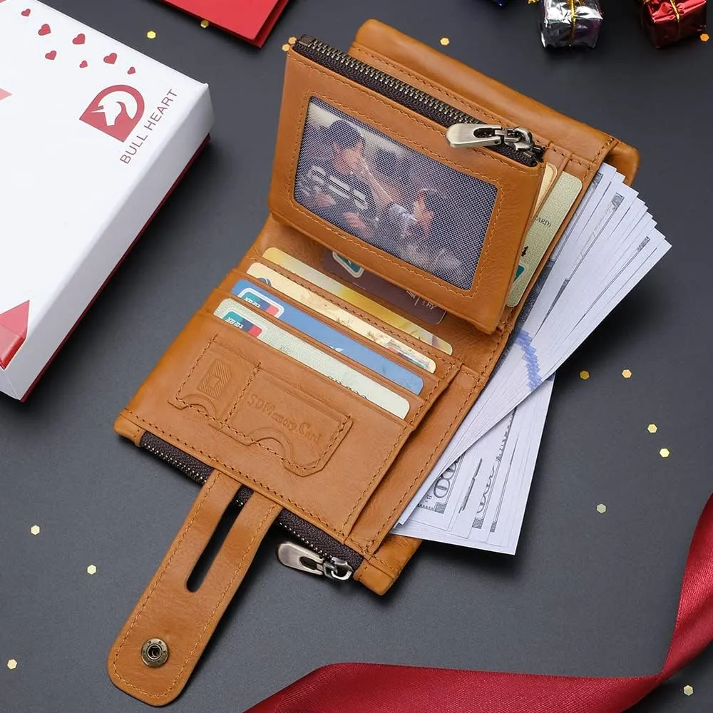 bill heart Mens Wallet with Chain Genuine Leather Purse RFID Blocking Biker Bifold Wallet with Anti-Theft Chain