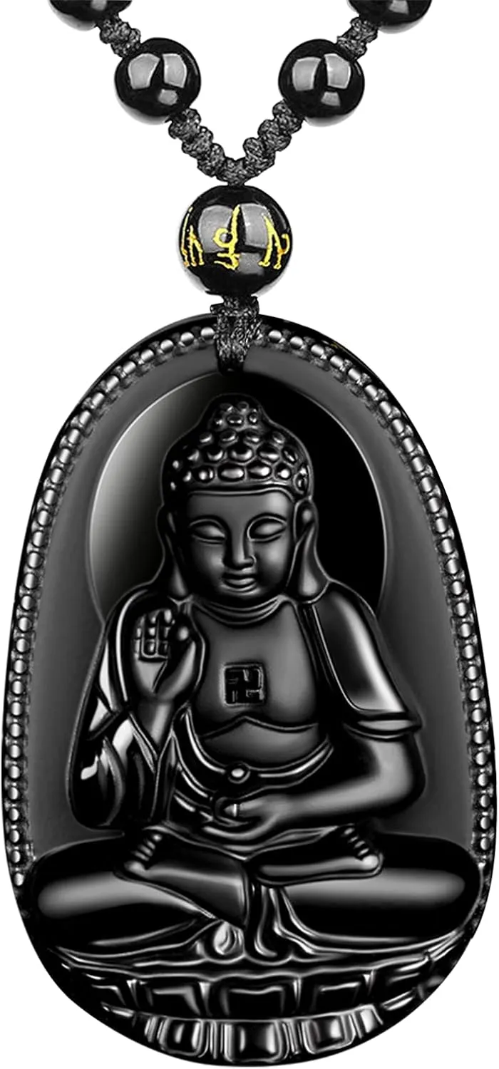 Black Obsidian Necklace Talisman Amulet Protection Pendant with Adjustable Bead Chain Healing Crystal Stone Necklaces for Men Women