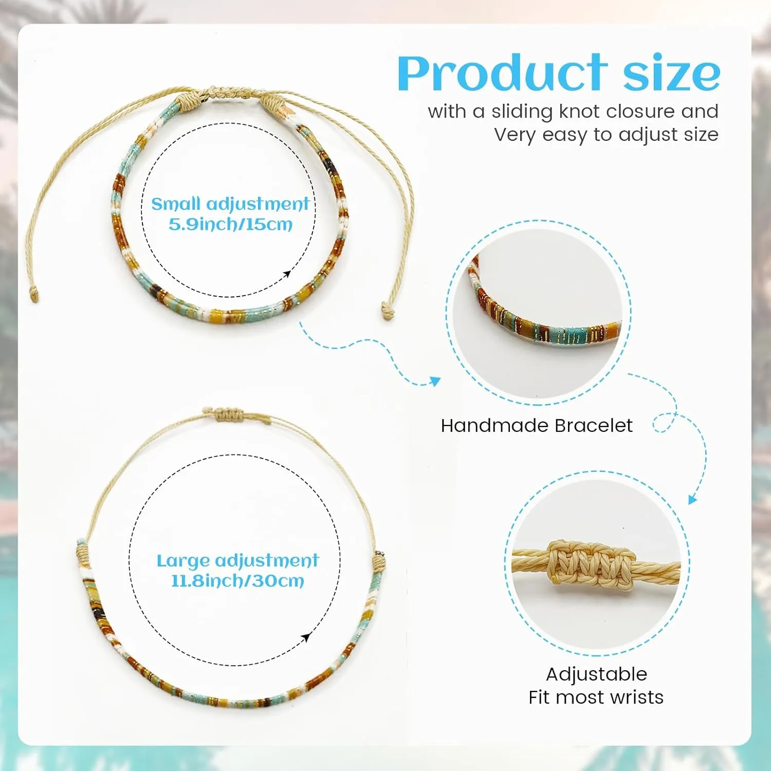 Boho Surfer Beach Bracelet Ankle Adjustable Beaded Anklets, Handmade Hippie Braided Bracelets Waterproof, String Rope Ankle Bracelets for Men Women (Boho Flower 2)
