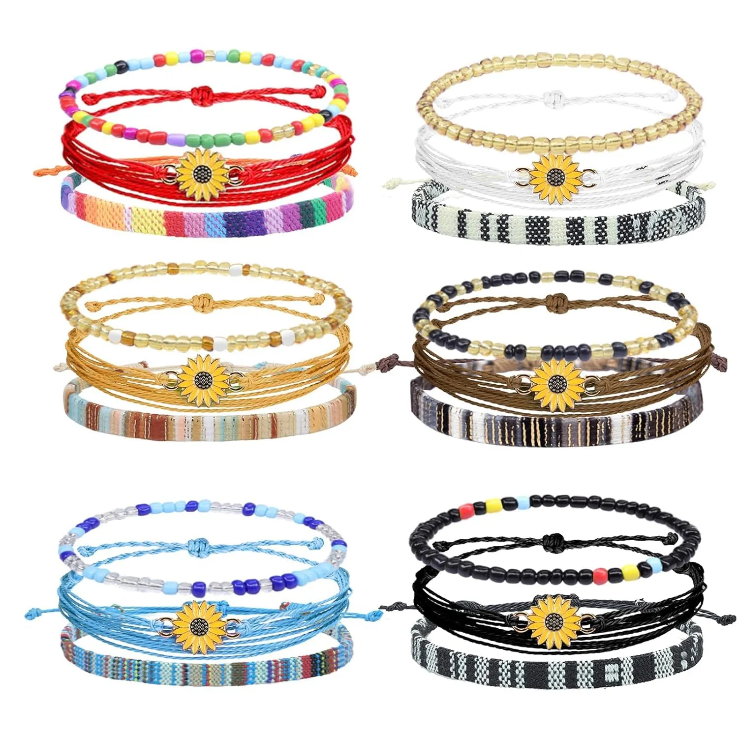 Boho Surfer Beach Bracelet Ankle Adjustable Beaded Anklets, Handmade Hippie Braided Bracelets Waterproof, String Rope Ankle Bracelets for Men Women (Boho Flower 2)