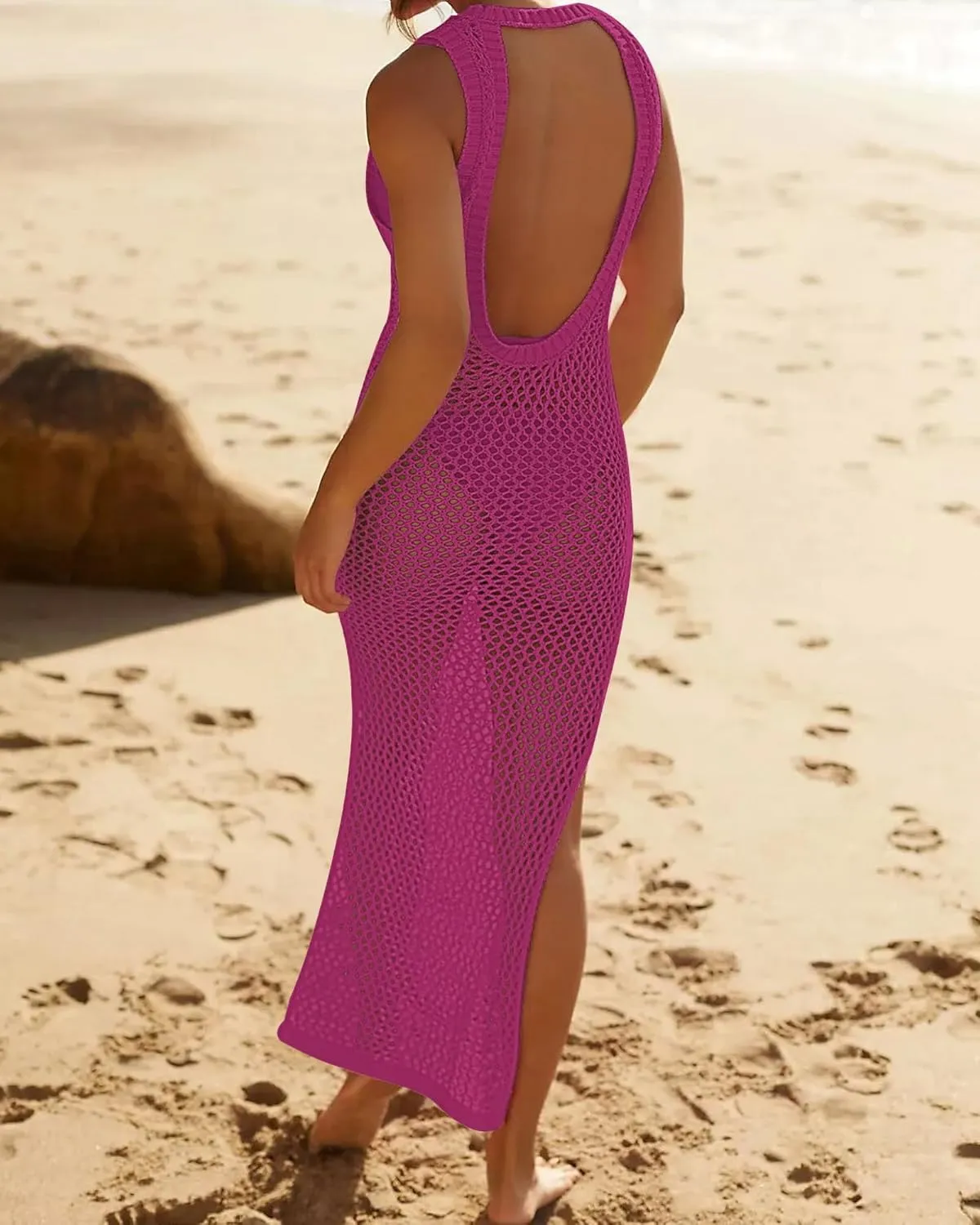 Bsubseach Crochet Swim Coverup Sleeveless Knitted Cover Up Dress