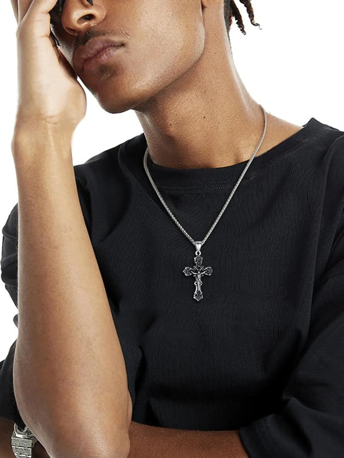 ChainsHouse Cross Necklace for Men, Black/18K Gold Plated/Stainless Steel Christian Jewelry Cross Pendant Necklace for Men, with Gift Box