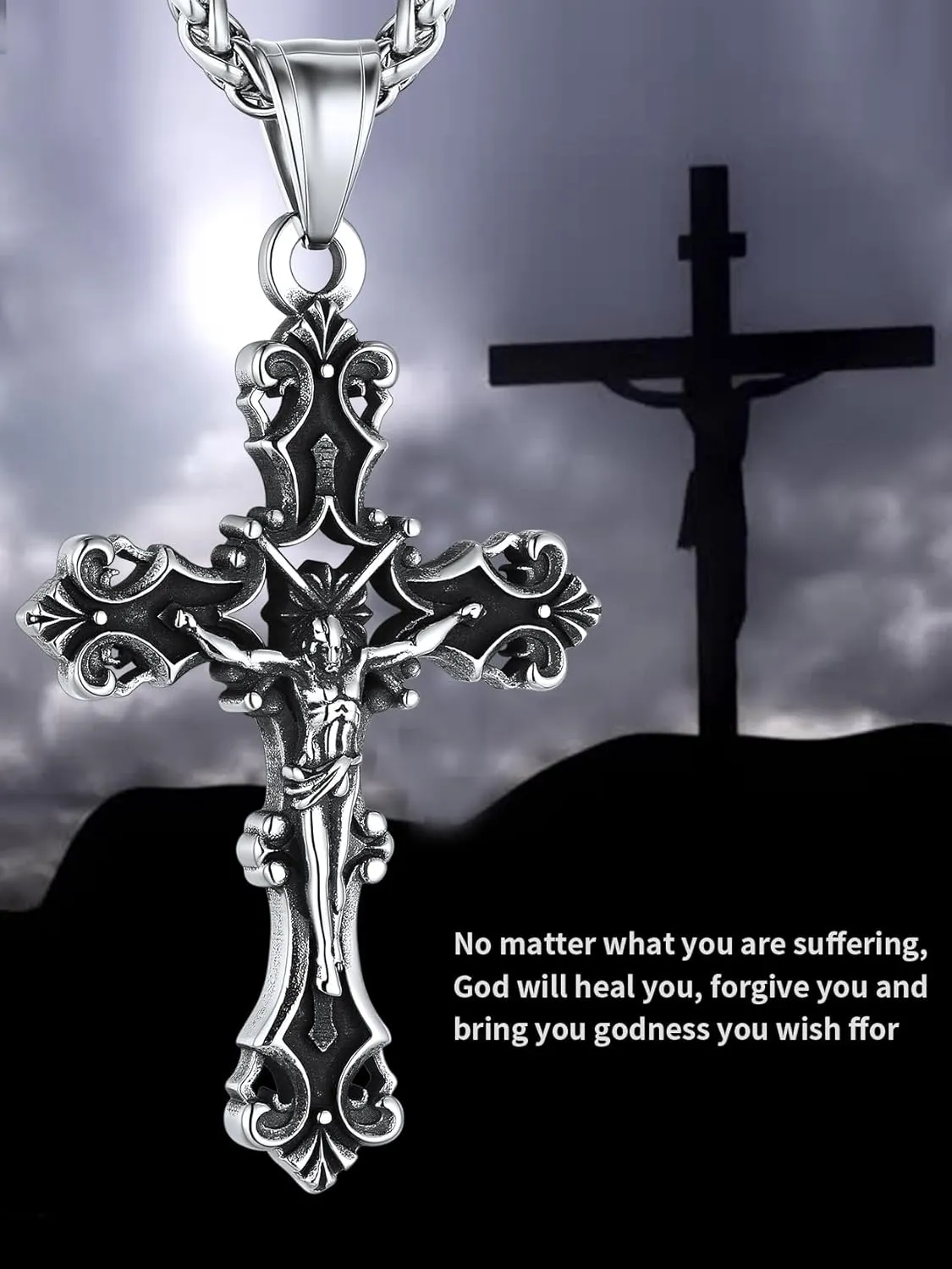 ChainsHouse Cross Necklace for Men, Black/18K Gold Plated/Stainless Steel Christian Jewelry Cross Pendant Necklace for Men, with Gift Box