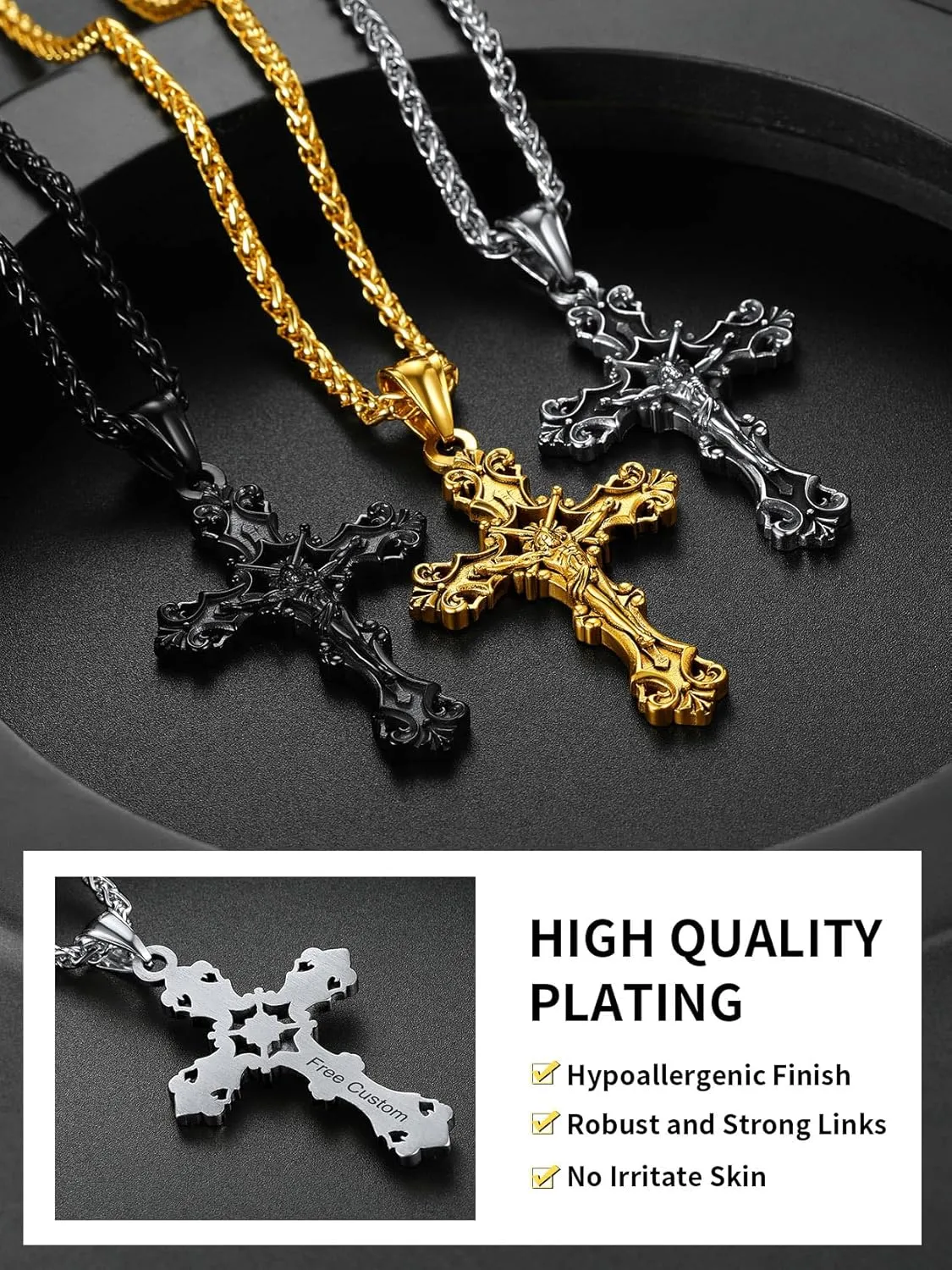 ChainsHouse Cross Necklace for Men, Black/18K Gold Plated/Stainless Steel Christian Jewelry Cross Pendant Necklace for Men, with Gift Box