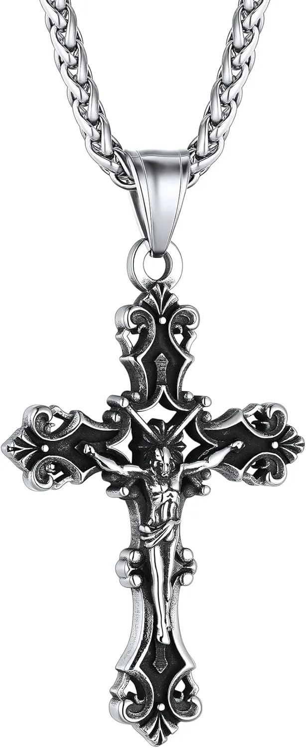 ChainsHouse Cross Necklace for Men, Black/18K Gold Plated/Stainless Steel Christian Jewelry Cross Pendant Necklace for Men, with Gift Box