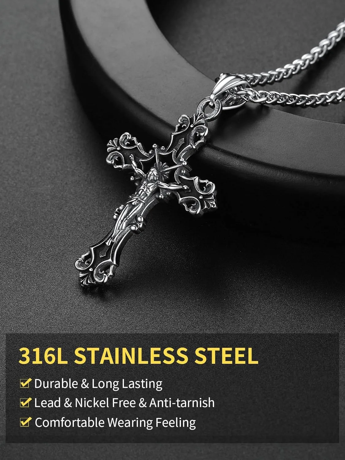 ChainsHouse Cross Necklace for Men, Black/18K Gold Plated/Stainless Steel Christian Jewelry Cross Pendant Necklace for Men, with Gift Box