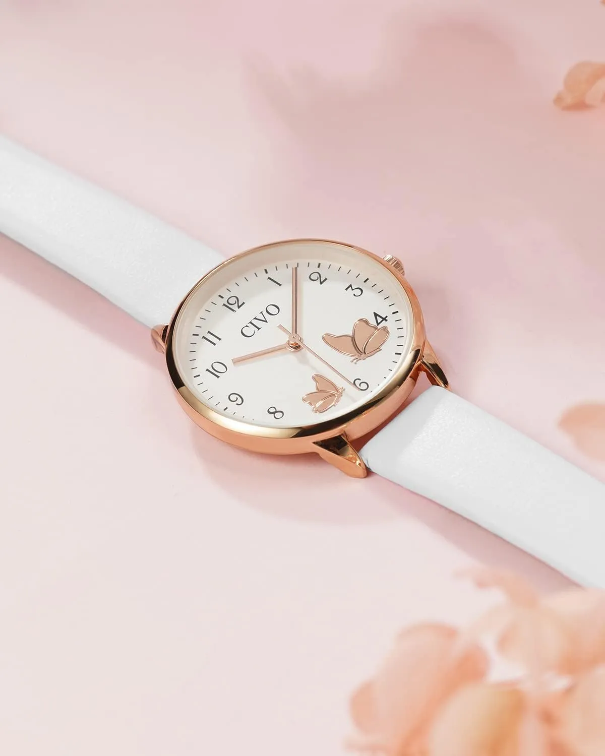 CIVO Womens Watches Leather Strap Analog Quartz Wrist Watch Waterproof Fashion Simple Easy to Read Ladies Watch with Exquisite Butterfly Dial