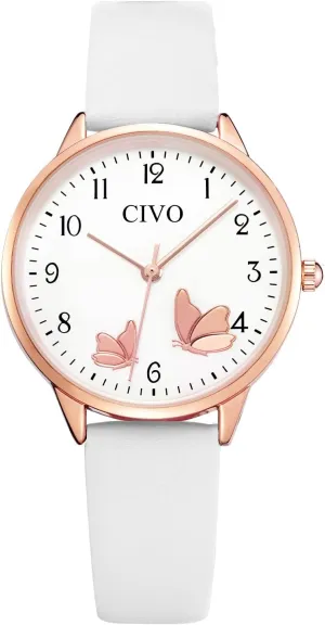 CIVO Womens Watches Leather Strap Analog Quartz Wrist Watch Waterproof Fashion Simple Easy to Read Ladies Watch with Exquisite Butterfly Dial