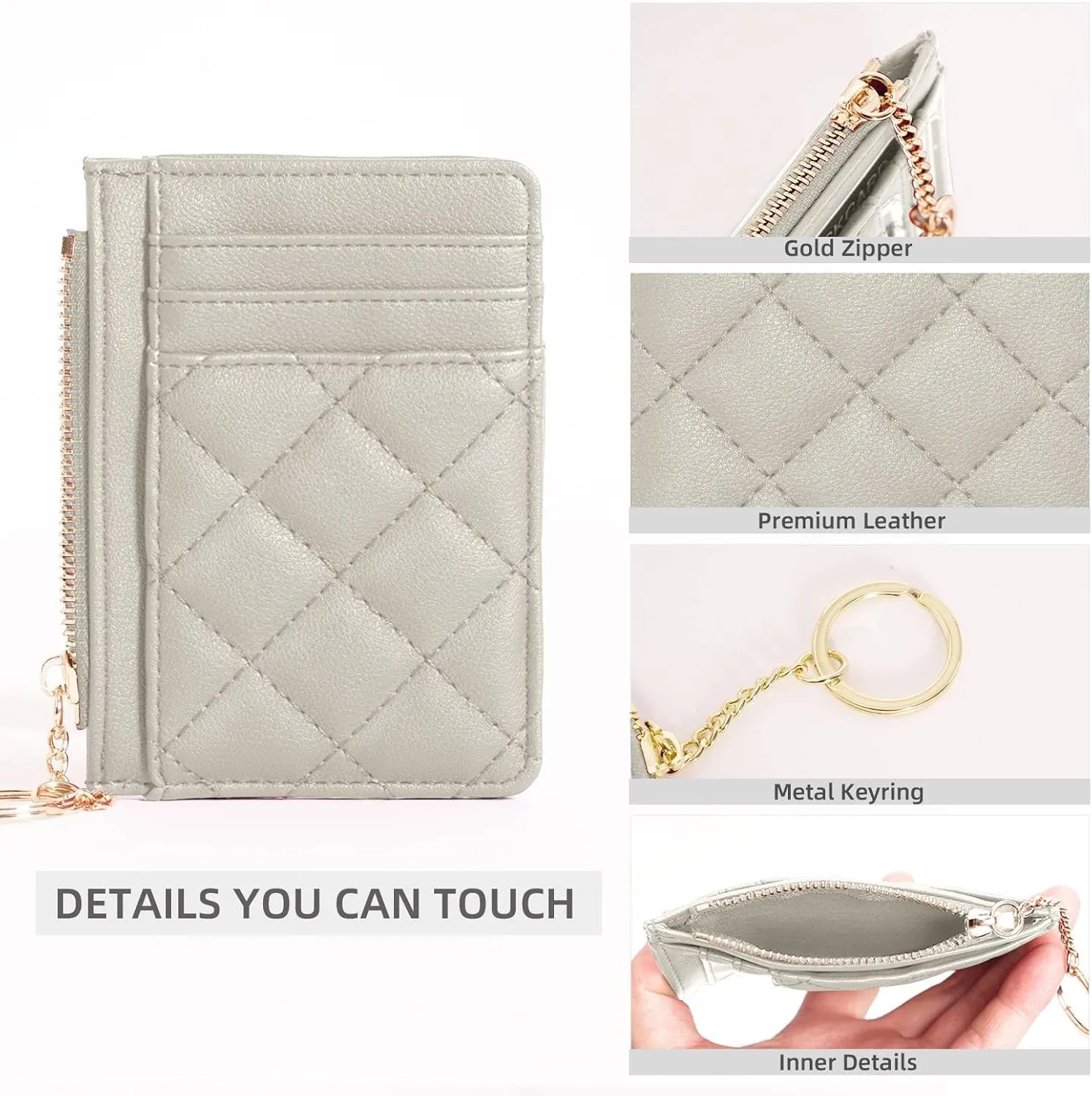 Credit Card Holder, Slim Keychain Wallet with Zipper Coin Pocket Front Small Pocket Wallet for Women, White