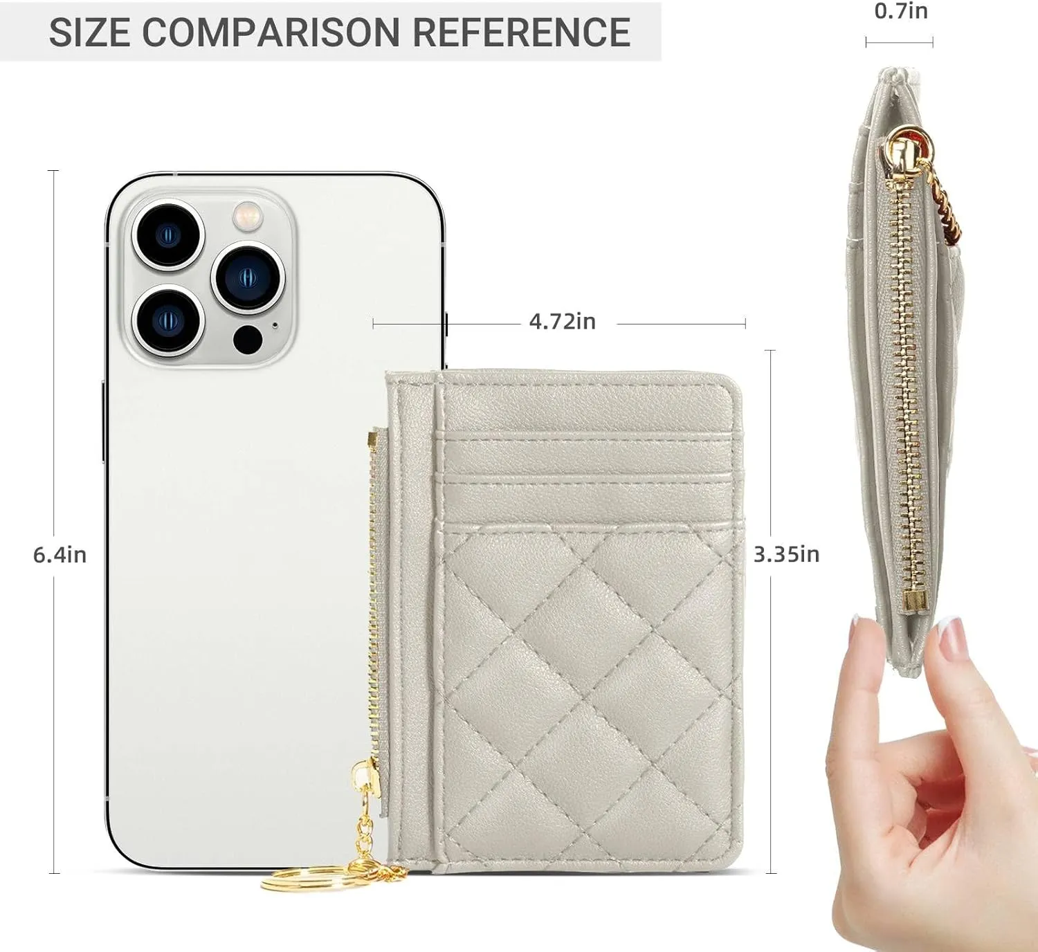 Credit Card Holder, Slim Keychain Wallet with Zipper Coin Pocket Front Small Pocket Wallet for Women, White