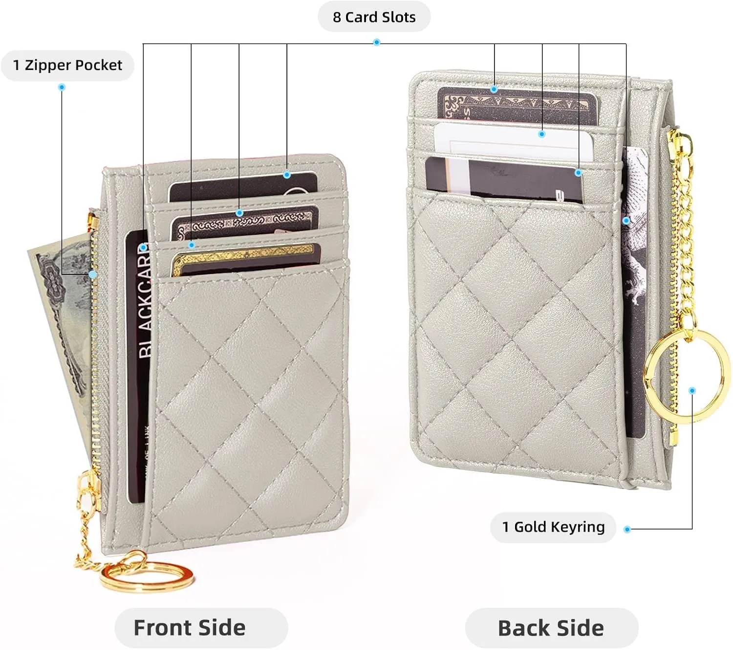 Credit Card Holder, Slim Keychain Wallet with Zipper Coin Pocket Front Small Pocket Wallet for Women, White