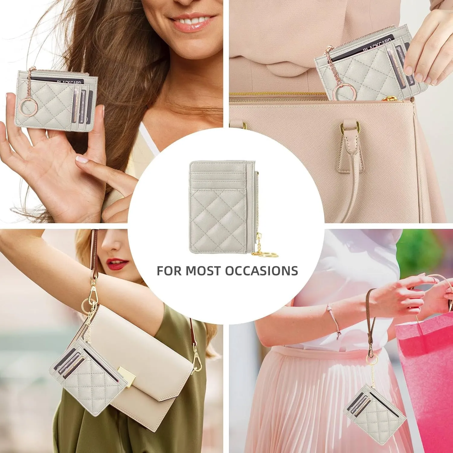 Credit Card Holder, Slim Keychain Wallet with Zipper Coin Pocket Front Small Pocket Wallet for Women, White