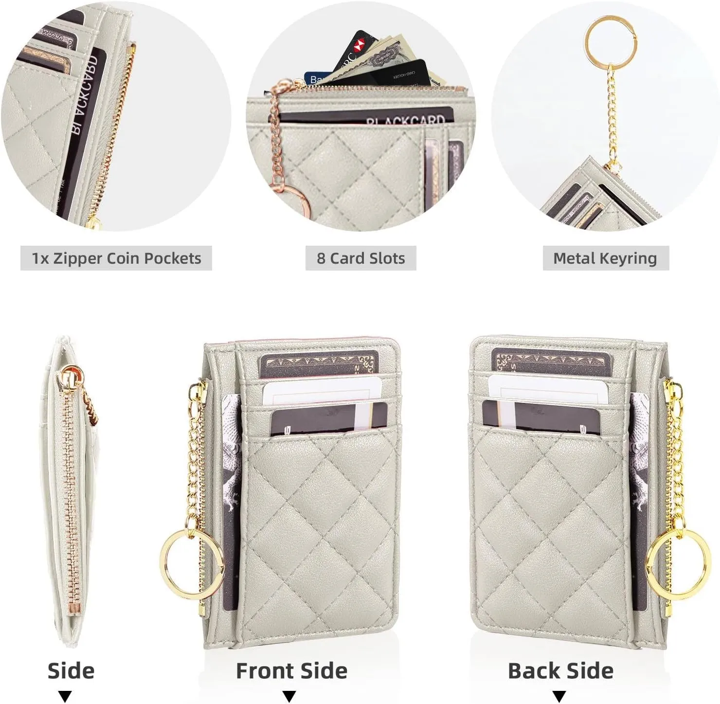 Credit Card Holder, Slim Keychain Wallet with Zipper Coin Pocket Front Small Pocket Wallet for Women, White