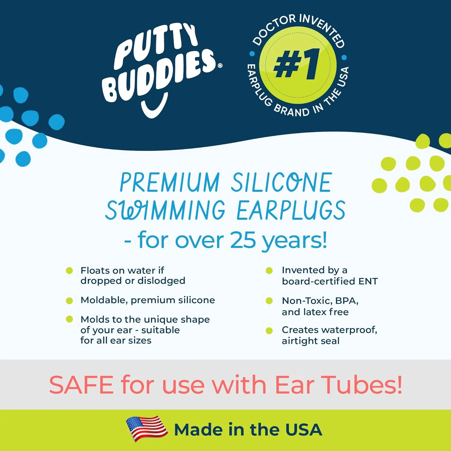Earvolution Floating Putty Buddies Ear Plugs for Swimming - Invented by an Ear Physician - Moldable, Premium, Silicone - Floats on Water - Waterproof - Made in The USA - 3 Pack - Blue/Red/Green