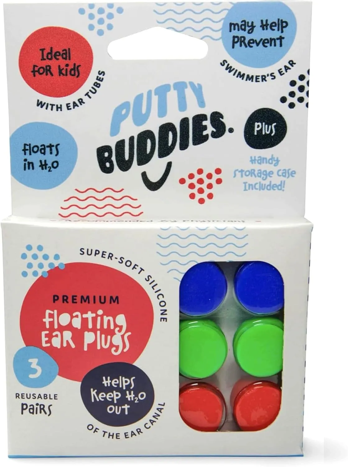 Earvolution Floating Putty Buddies Ear Plugs for Swimming - Invented by an Ear Physician - Moldable, Premium, Silicone - Floats on Water - Waterproof - Made in The USA - 3 Pack - Blue/Red/Green
