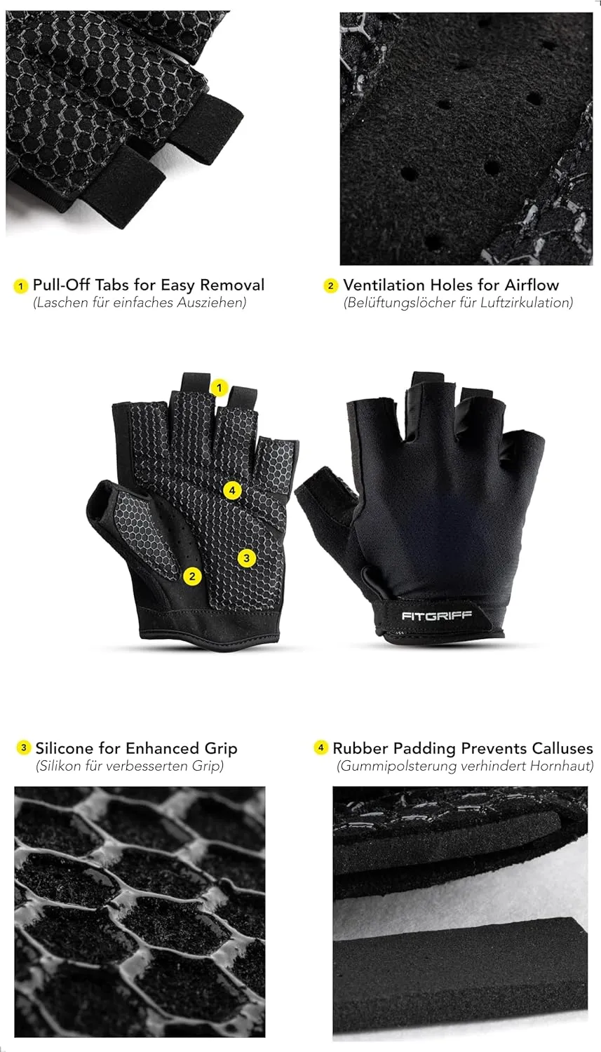 Fitgriff Workout Gloves (Padded) for Men & Women - Fingerless Gym Gloves for Weight Lifting, Training - Full Palm Protection