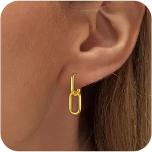 Gold Earrings for Women Trendy, Simple Dainty 14K Gold Plated Paperclip Square Chain Link Dangle Hoops Earrings Pin Stud Huggie Earrings Lightweight Hypoallergenic Minimalist Aesthetic Gold Jewelry for Christmas Gifts