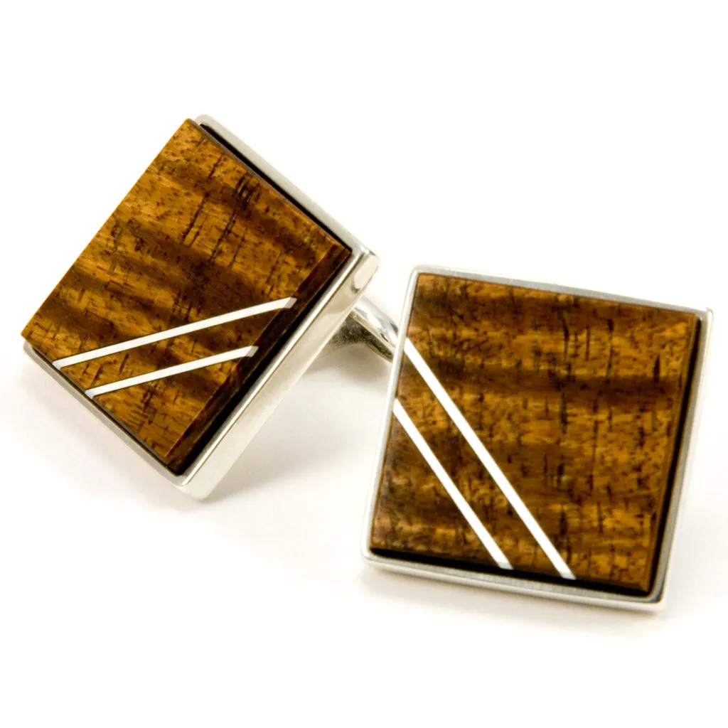 Hawaiian Koa Silver Inlay Cufflink Tie Bar Set